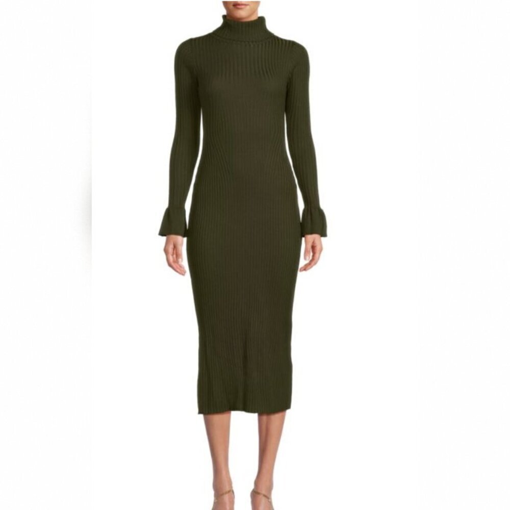 Bebe Bell Sleeve Ribbed Midi-Dress Hunter Green